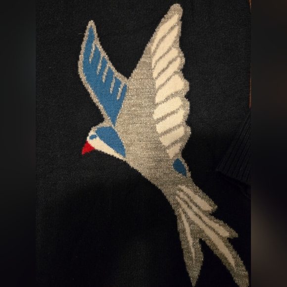 Loft Navy Blue Sweater Size Small Metallic Outlined Birds - Picture 2 of 9